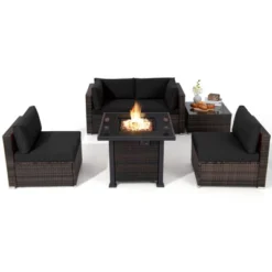 Tangkula 6 Piece Patio Wicker Conversation Set, Outdoor Rattan Sofa Set W/ 32" Propane Fire Pit Table, 50,000 BTU Heat, Tempered Glass Tabletop Black/Navy Blue/Red/Turquoise/Off White -Tangkula Shop GUEST e07c22ca 7753 4739 97a6 82eca92210ba