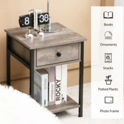 Tangkula Industrial End Side Table Nightstand With Drawer Shelf Rustic Grey Oak -Tangkula Shop GUEST e0900437 0335 4117 a2e2 fdc76ea5c799