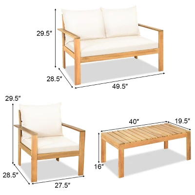 Tangkula 4PCS Patio Acacia Wood Conversation Furniture Set W/ Off White Cushions 6 Tangkula 4PCS Patio Acacia Wood Conversation Furniture Set W/ Off White Cushions - Image 6