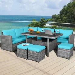 Tangkula 7-Piece Rattan Patio Sectional Sofa Set with Turquoise Cushions