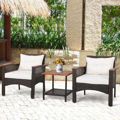 Tangkula 3PCS Patio Conversation Furniture Set PE Rattan Sofa Set W/Wood Top Table 2 Tangkula 3PCS Patio Conversation Furniture Set PE Rattan Sofa Set W/Wood Top Table - Image 2