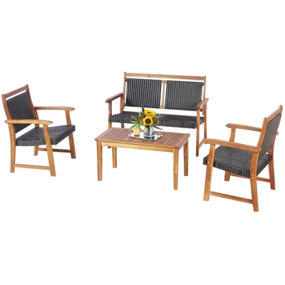 Tangkula 4PCS Patio Rattan Furniture Set Cushioned Loveseat & Table Set W/Acacia Wood Frame 4 Tangkula 4PCS Patio Rattan Furniture Set Cushioned Loveseat & Table Set W/Acacia Wood Frame - Image 4