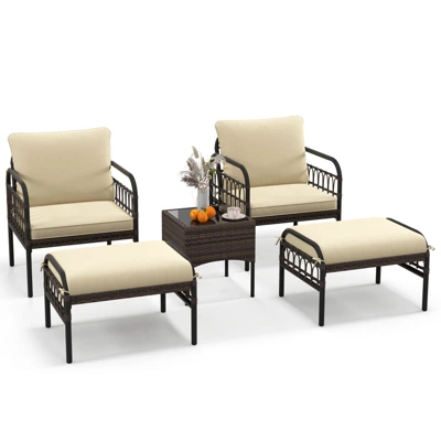 Tangkula 5PCS Wicker Furniture Set PE Rattan Chair Set W/ Ottomans & Coffee Table Patio 1 Tangkula 5PCS Wicker Furniture Set PE Rattan Chair Set W/ Ottomans & Coffee Table Patio