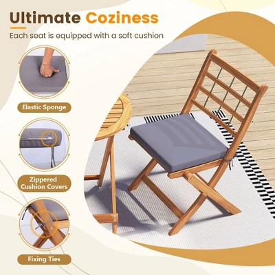 Tangkula 3 Piece Patio Wood Bistro Set Folding Table Chair Set W/Soft Seat Cushions Acacia Wood Frame High-Back Portable Chairs 6 Tangkula 3 Piece Patio Wood Bistro Set Folding Table Chair Set W/Soft Seat Cushions Acacia Wood Frame High-Back Portable Chairs - Image 6