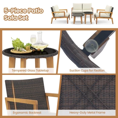 Tangkula 5 Piece Rattan Furniture Set W/ Wicker Woven Sofa Set & Solid Acacia Wood Frame 1 Tangkula 5 Piece Rattan Furniture Set W/ Wicker Woven Sofa Set & Solid Acacia Wood Frame