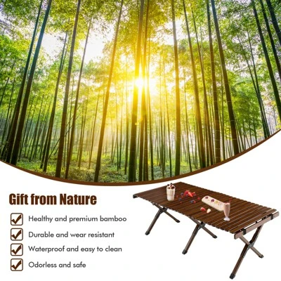 Tangkula Folding Wooden Camping Table Portable Picnic Table W/ Carry Bag Roll-up Bamboo Tabletop Outdoor Travel Camping Table Natural/Coffee 3 Tangkula Folding Wooden Camping Table Portable Picnic Table W/ Carry Bag Roll-up Bamboo Tabletop Outdoor Travel Camping Table Natural/Coffee - Image 3