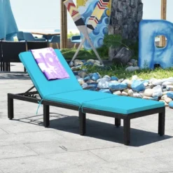 Tangkula Adjustable Rattan Patio Chaise Lounge Chair Couch W/ Turquoise Cushion
