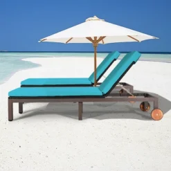 Tangkula 2PC Adjustable Patio Rattan Recliner Chaise Lounge Chair W/ Cushion Wheels