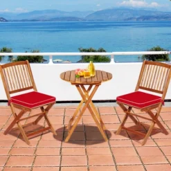 Tangkula 3PCS Folding Acacia Wood Bistro Set Patio Conversation Set W/ Red Cushions