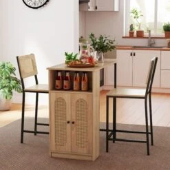 Tangkula 3-Piece Bar Table Set with 2 Rattan Stools and Adjustable Storage Shelves