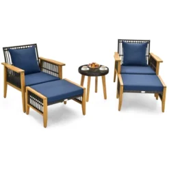 Tangkula 5-Piece Acacia Wood & Wicker Outdoor Furniture Set with Ottomans