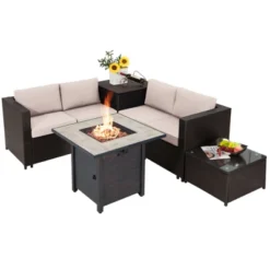 Tangkula 5-Piece Patio Furniture Set With 30 Inches Gas Fire Pit Table Outdoor PE Wicker Sectional Sofa Set With Cushions Red/Beige/Navy/Turquoise -Tangkula Shop GUEST e3fda55c 36bf 4421 9fbe fc3197086c5f