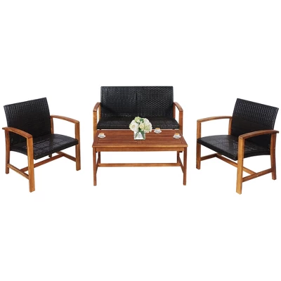 Tangkula 4-Piece Patio Conversation Set with Acacia Wood and PE Rattan 9 Tangkula 4-Piece Patio Conversation Set with Acacia Wood and PE Rattan - Image 9