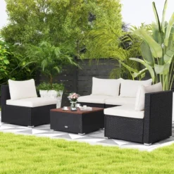 Tangkula 5PCS Rattan Patio Conversation Sofa Set Outdoor Furniture Set W/ Off White Cushions