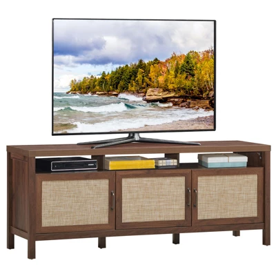 Tangkula Universal TV Stand Cabinet Television Media Console With 3 Rattan Doors Grey Oak Walnut 3 Tangkula Universal TV Stand Cabinet Television Media Console With 3 Rattan Doors Grey Oak Walnut - Image 3