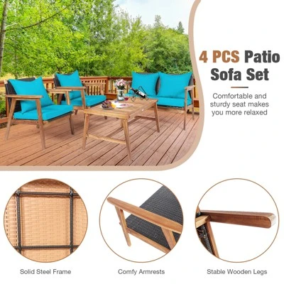 Tangkula 4-Piece Outdoor Rattan Conversation Set with Acacia Wood Frame 6 Tangkula 4-Piece Outdoor Rattan Conversation Set with Acacia Wood Frame - Image 6