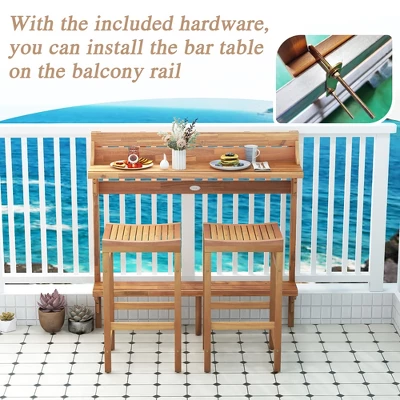 Tangkula 6-Piece Acacia Wood Balcony Bar Set with 2-Tier Table & 4 Curved Stools 3 Tangkula 6-Piece Acacia Wood Balcony Bar Set with 2-Tier Table & 4 Curved Stools - Image 3