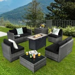 Tangkula 9 PCS Patio Rattan Furniture Set Fire Pit Table Storage Black W/ Cover