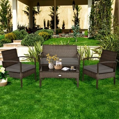 Tangkula 4 PCS Rattan Wicker Furniture Set Loveseat Sofa Cushioned Patio Outdoor Brown 2 Tangkula 4 PCS Rattan Wicker Furniture Set Loveseat Sofa Cushioned Patio Outdoor Brown - Image 2