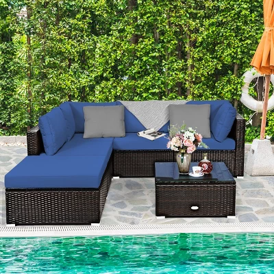Tangkula 6PCS Patio Rattan Furniture Set Outdoor Sectional Sofa Set W/Coffee Table & Ottoman Black/Navy/Turquoise/Red/Brown 1 Tangkula 6PCS Patio Rattan Furniture Set Outdoor Sectional Sofa Set W/Coffee Table & Ottoman Black/Navy/Turquoise/Red/Brown