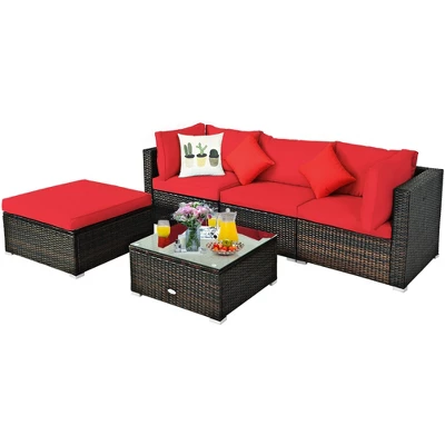 Tangkula 5-Piece Rattan Sectional Sofa Set: Modular Outdoor Patio Furniture with Red Cushions 6 Tangkula 5-Piece Rattan Sectional Sofa Set: Modular Outdoor Patio Furniture with Red Cushions - Image 6