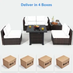 Tangkula 6 Piece Patio Wicker Conversation Set, Outdoor Rattan Sofa Set W/ 32" Propane Fire Pit Table, 50,000 BTU Heat, Tempered Glass Tabletop Black/Navy Blue/Red/Turquoise/Off White -Tangkula Shop GUEST e68af926 aec6 41cc 8e3e 6e2954d1d748