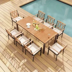 Tangkula 9-Piece Outdoor Patio Dining Set: Acacia Wood Table & 8 Cushioned Chairs