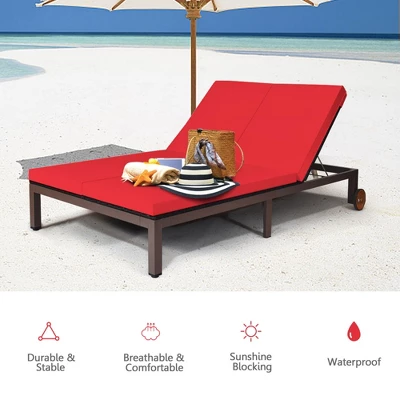 Tangkula Adjustable Patio Rattan 2 Person Recliner Lounge Chair W/ Red Cushion Wheel 5 Tangkula Adjustable Patio Rattan 2 Person Recliner Lounge Chair W/ Red Cushion Wheel - Image 5