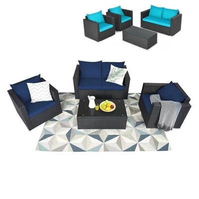 Tangkula 4PCS Rattan Patio Conversation Set Outdoor Furniture Set W/ Navy & Turquoise Cushions 7 Tangkula 4PCS Rattan Patio Conversation Set Outdoor Furniture Set W/ Navy & Turquoise Cushions - Image 7