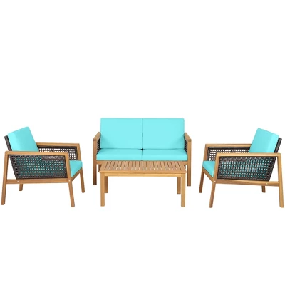 Tangkula 4PCS Patio Acacia Wood Furniture Set PE Rattan Conversation Set W/ Turquoise Cushions 8 Tangkula 4PCS Patio Acacia Wood Furniture Set PE Rattan Conversation Set W/ Turquoise Cushions - Image 8