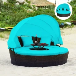 Tangkula Cushioned Patio Rattan Round Daybed W/ Adjustable Table 3 Pillows Turquoise -Tangkula Shop GUEST e7a1ddb7 5779 443b 9109 bcb816af96dc