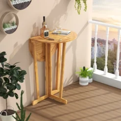 Tangkula Outdoor Folding Bar Table W/ Oval Tabletop & Cross Base For Patio Natural