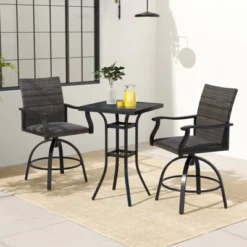 Tangkula 3-Piece Outdoor PE Wicker Swivel Bar Set with Aluminum Table