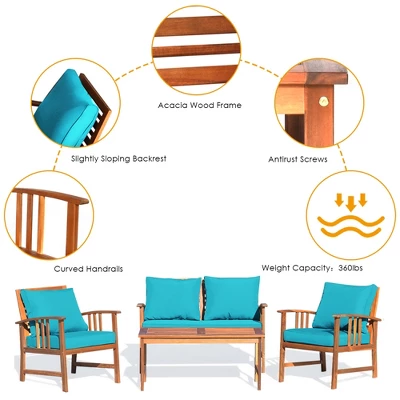 Tangkula 8pcs Wooden Patio Furniture Set Table & Sectional Sofa W/ Turquoise Cushion 5 Tangkula 8pcs Wooden Patio Furniture Set Table & Sectional Sofa W/ Turquoise Cushion - Image 5