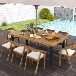 Tangkula 79-inch Acacia Wood Outdoor Dining Table - 8-Person Capacity with Umbrella Hole