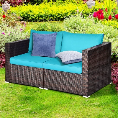 Tangkula 2PCS Rattan Corner Sofa Set Patio Outdoor Furniture Set W/ 4 Blue Cushions 2 Tangkula 2PCS Rattan Corner Sofa Set Patio Outdoor Furniture Set W/ 4 Blue Cushions - Image 2