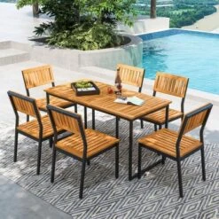 Tangkula 7 PCS Outdoor Dining Set For 6 Acacia Wood Rectangular Table & 6 Armless Chairs