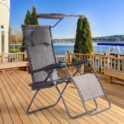 Tangkula Recling Zero Gravity Chair With Drink Tray & Sunshade, Gray