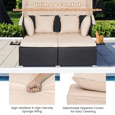 Tangkula Outdoor Wicker Lounge Daybed Hand-Woven PE Rattan Patio Loveseat Sofa Set With Retractable Canopy & 2 Side Tables With Soft Cushions Beige 7 Tangkula Outdoor Wicker Lounge Daybed Hand-Woven PE Rattan Patio Loveseat Sofa Set With Retractable Canopy & 2 Side Tables With Soft Cushions Beige - Image 7