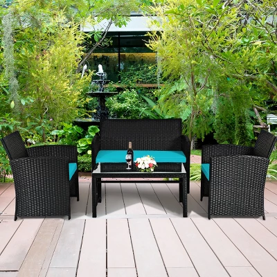 Tangkula 4 Piece Outdoor Patio Rattan Furniture Set Turquoise Cushioned Seat For Garden, Porch, Lawn 1 Tangkula 4 Piece Outdoor Patio Rattan Furniture Set Turquoise Cushioned Seat For Garden, Porch, Lawn
