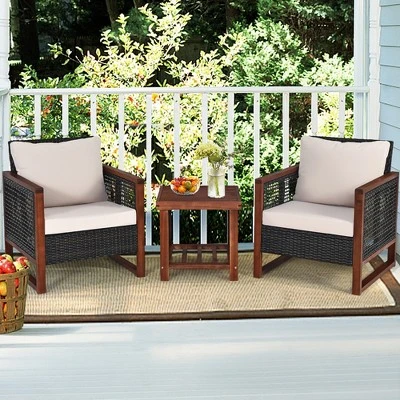 Tangkula 3-Piece Rattan Wicker Outdoor Conversation Set with Acacia Wood Table 3 Tangkula 3-Piece Rattan Wicker Outdoor Conversation Set with Acacia Wood Table - Image 3