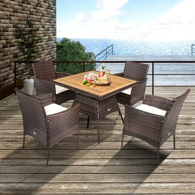 Tangkula Patio Rattan Conversation Set Outdoor Dining Table & Armchair Set W/Cushions & Umbrella Hole 1 Tangkula Patio Rattan Conversation Set Outdoor Dining Table & Armchair Set W/Cushions & Umbrella Hole