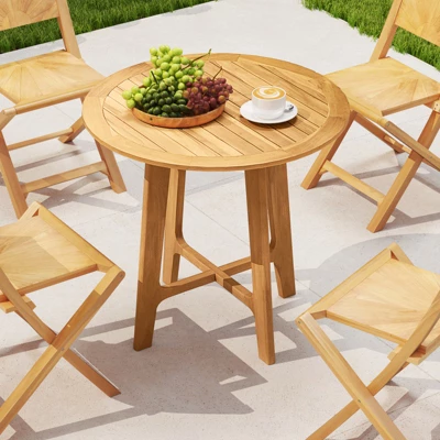 Tangkula 31.5" Round Teak Wood Patio Dining Table with Slatted Top 2 Tangkula 31.5" Round Teak Wood Patio Dining Table with Slatted Top - Image 2