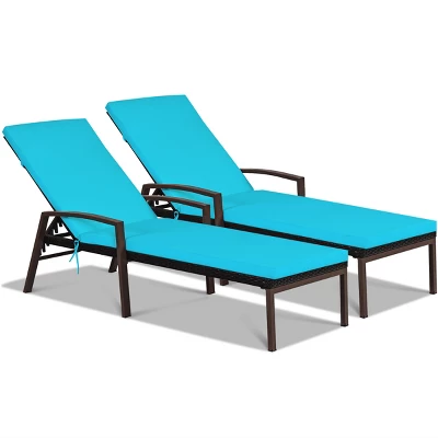 Tangkula 2PCS Patio Rattan Wicker Lounge Chair Back Adjustable Recliner Chaise W/Turquoise Cushion 4 Tangkula 2PCS Patio Rattan Wicker Lounge Chair Back Adjustable Recliner Chaise W/Turquoise Cushion - Image 4