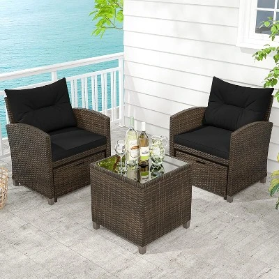 Tangkula 5-Piece Rattan Patio Furniture Set with 2 Ottomans and Coffee Table 1 Tangkula 5-Piece Rattan Patio Furniture Set with 2 Ottomans and Coffee Table