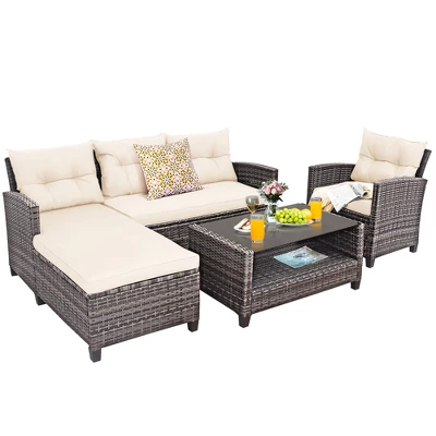 Tangkula 4-Piece White Rattan Outdoor Patio Conversation Furniture Set 4 Tangkula 4-Piece White Rattan Outdoor Patio Conversation Furniture Set - Image 4