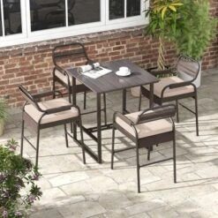Tangkula 5-Piece Patio Rattan Counter Set Counter Height Square Table W/ 4 Wicker Counter Stools
