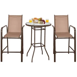 Tangkula 3PCS Patio Bar Set Outdoor Bistro Set W/ 2 Stools & 1 Tempered Glass Table Brown