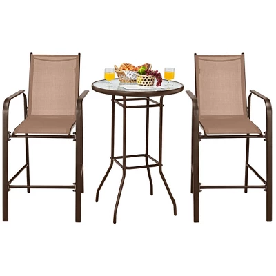 Tangkula 3PCS Patio Bar Set Outdoor Bistro Set W/ 2 Stools & 1 Tempered Glass Table Brown 1 Tangkula 3PCS Patio Bar Set Outdoor Bistro Set W/ 2 Stools & 1 Tempered Glass Table Brown