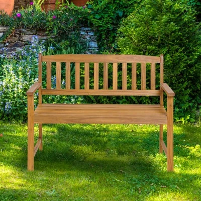 Tangkula 2-Person Outdoor Bench Patio Wooden Bench With Ergonomic Backrest & Armrests All-weather Acacia Wood Frame 43"x 22" 2 Tangkula 2-Person Outdoor Bench Patio Wooden Bench With Ergonomic Backrest & Armrests All-weather Acacia Wood Frame 43"x 22" - Image 2